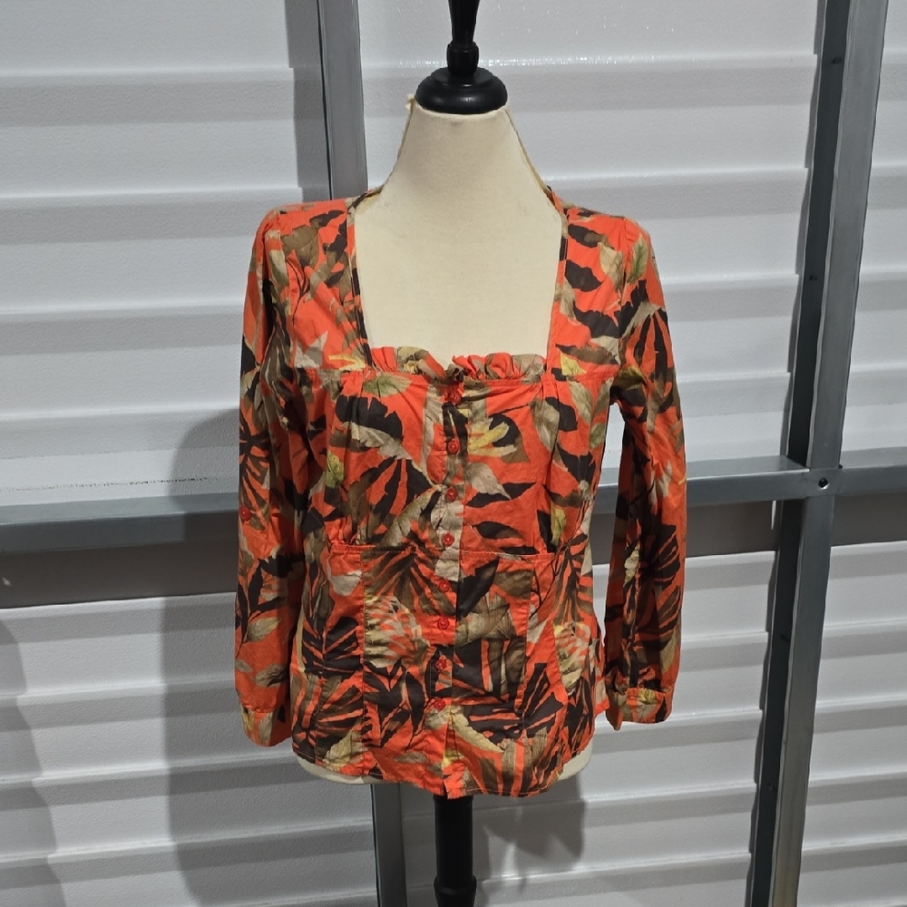 Caribbean Joe Orange and Black Leaf Print‎ Button Up Blouse Size Large